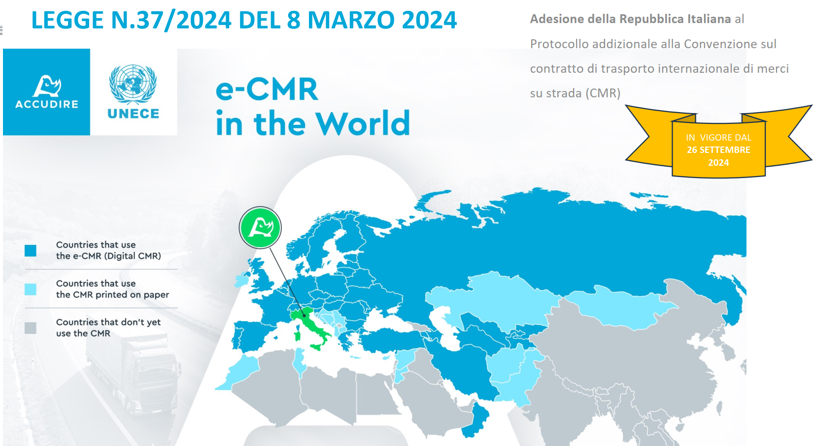 legge 37/2024 del 8 marzo 2024 adesione dell'Italia al Protocollo Convenzione contratto di trasporto internazionale di merci su strada